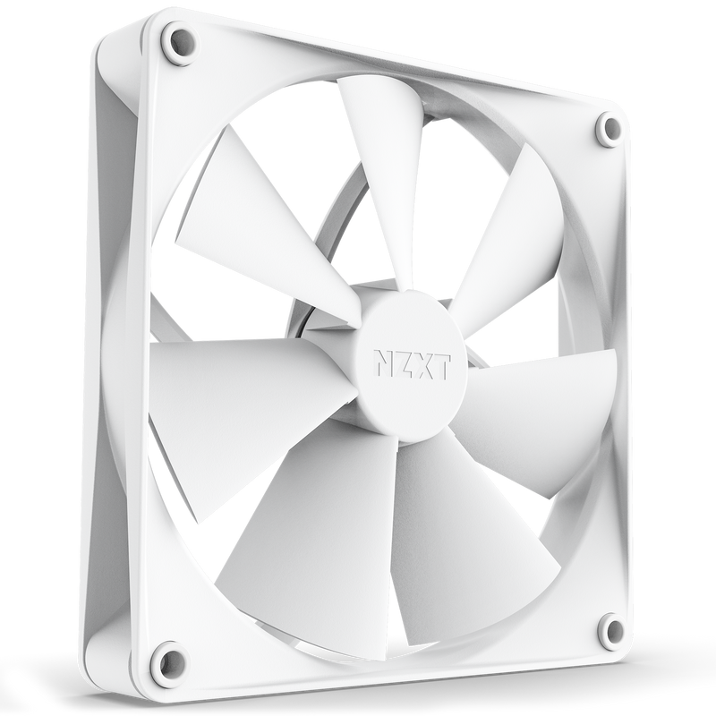 The NZXT F140P (2022) is a white computer case fan with seven blades and a square frame with rounded corners. Featuring NZXT branding on the hub, it’s designed for optimal cooling and static pressure performance.