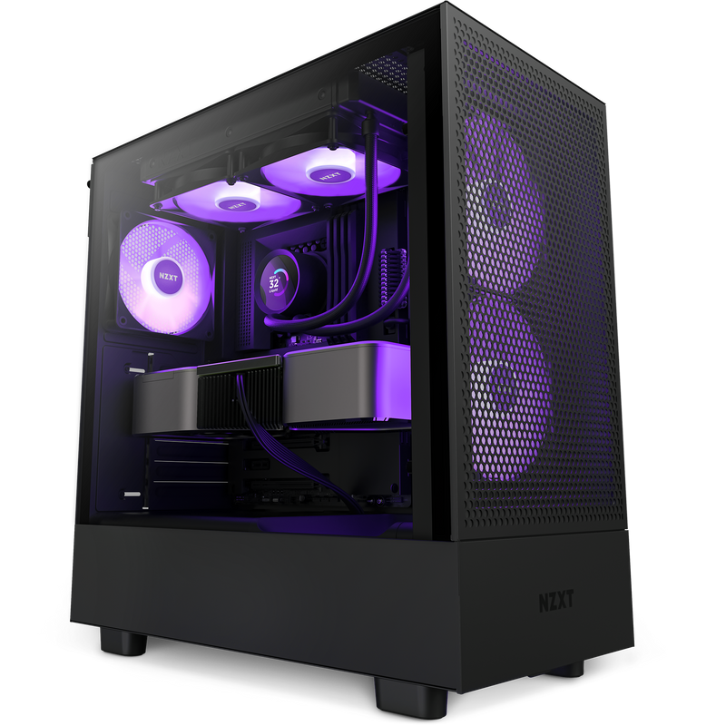 A black NZXT gaming PC case with a tempered glass side panel displays purple LED-lit components, including an NZXT Kraken 240 RGB liquid cooler with an LCD screen for stylish, high-performance cooling.