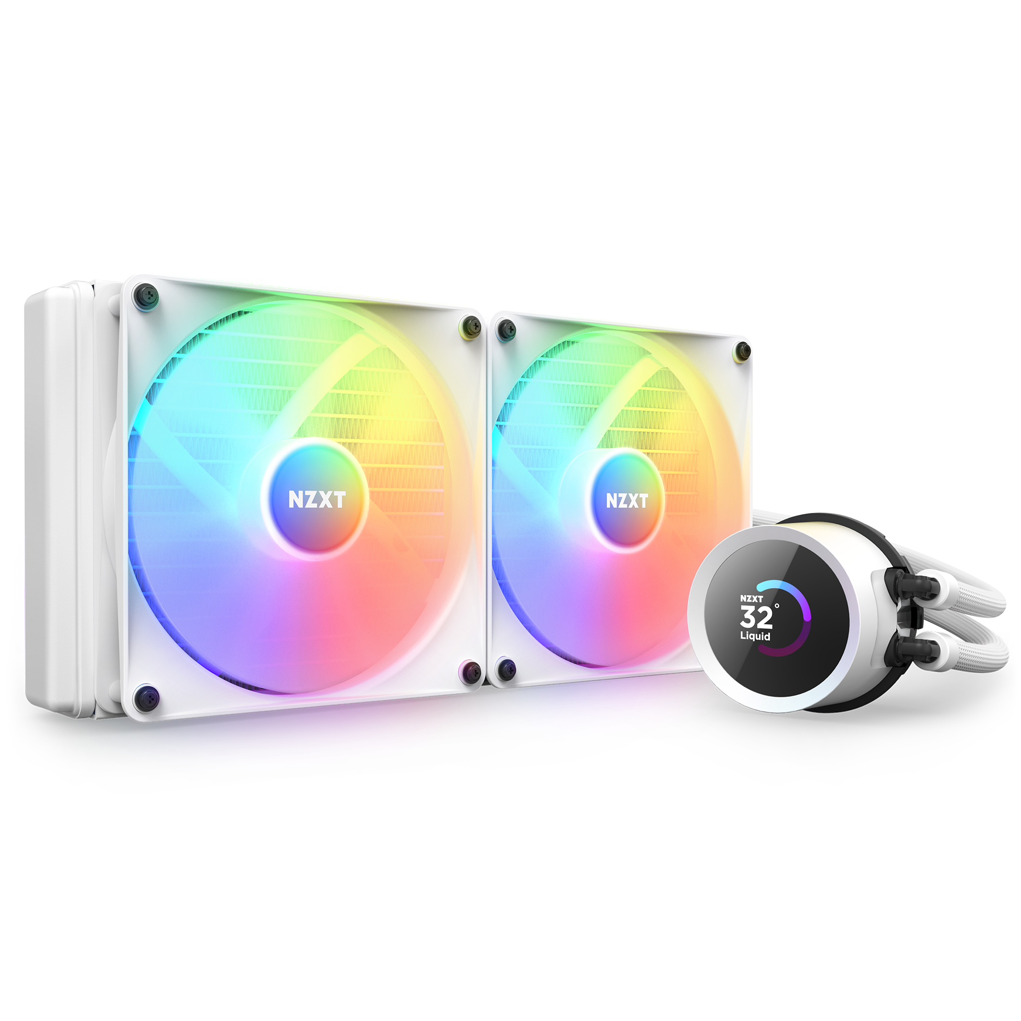 The NZXT Kraken 280 RGB is a white liquid CPU cooler featuring two large RGB fans, a round LCD displaying 32° liquid temperature, and braided hoses, delivering impressive cooling performance for your system.