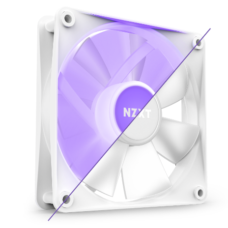 A white NZXT computer cooling fan is shown at an angle, split diagonally with one side illuminated in purple light, highlighting the fan blades and housing.