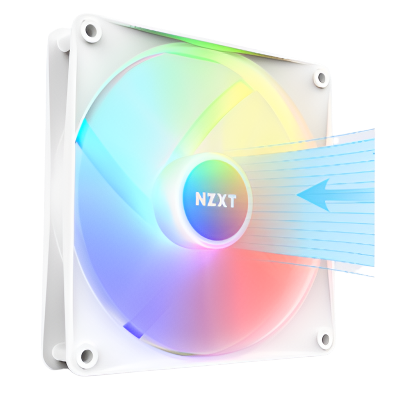 A white NZXT computer cooling fan with RGB lighting emits colorful light and shows an illustrated blue airflow moving from left to right.