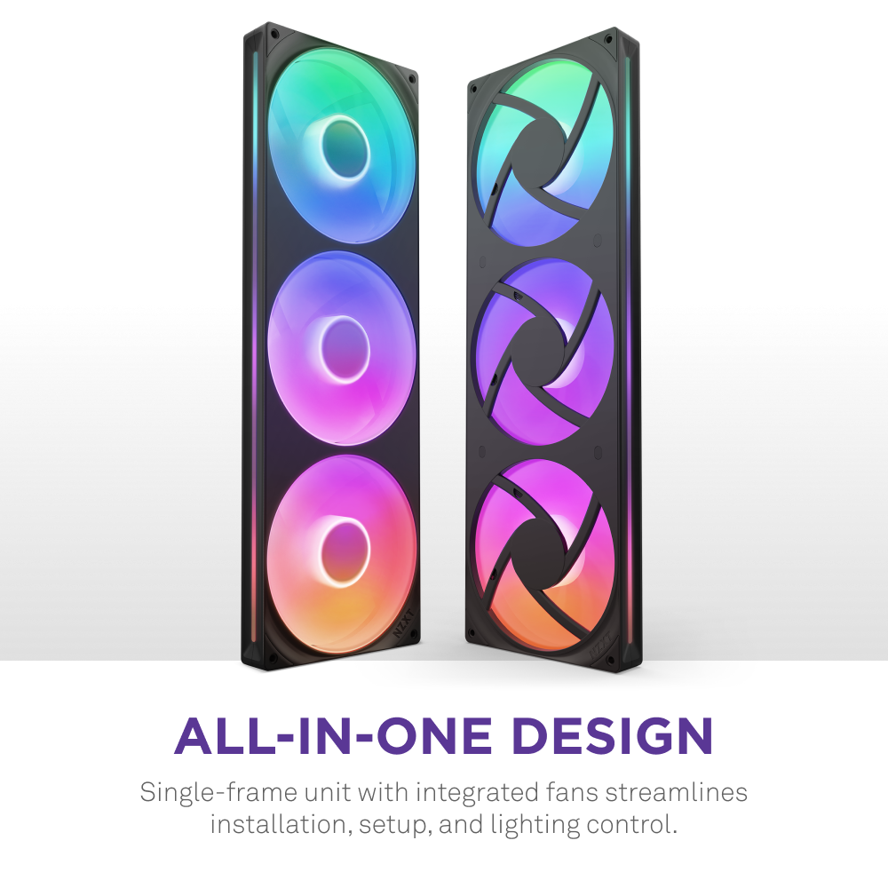 Two NZXT F420 RGB Core fans with integrated RGB lighting stand upright, glowing in vibrant colors. Text: All-in-one design provides superior cooling and vivid RGB effects, ensuring easy installation, setup, and control.