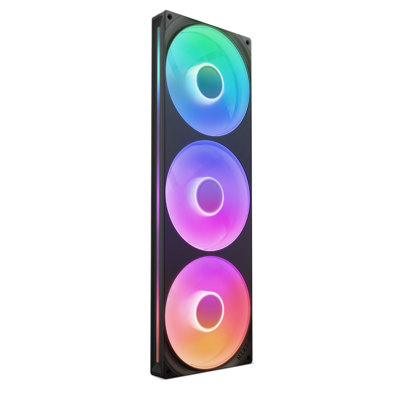 The NZXT F420 RGB Core is a vertical cooling unit featuring three large circular fans that glow in blue, green, pink, and orange gradients, providing whisper-quiet performance and vibrant RGB visuals against a plain background.