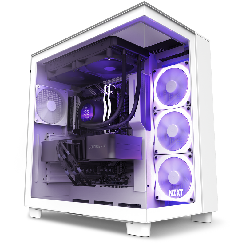 The NZXT Refurbished Player Three Prime - #8540 is a white prebuilt gaming PC with a transparent side panel, purple-lit RGB fans, GeForce RTX graphics card, liquid cooling, neat cables, and comes with a 2-year warranty.