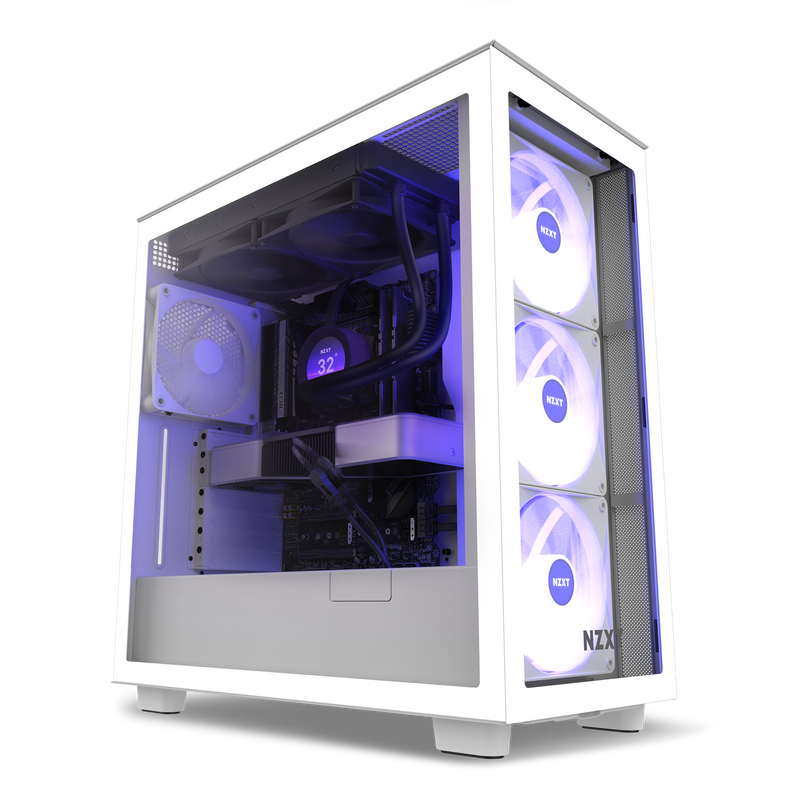 The NZXT Refurbished Prebuilt Exclusive 2024 Edition - #8559 features a white case with a clear side panel, revealing RGB fans and liquid cooling illuminated in blue and purple—delivering high performance and striking visuals.