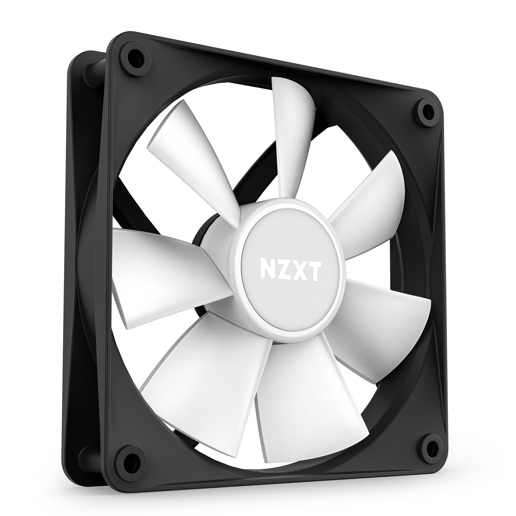 The NZXT F120 RGB Core Triple Pack features fans with black square frames, white curved blades, and NZXT-labeled hubs, designed for optimal static pressure. The fans are shown angled against a transparent background.