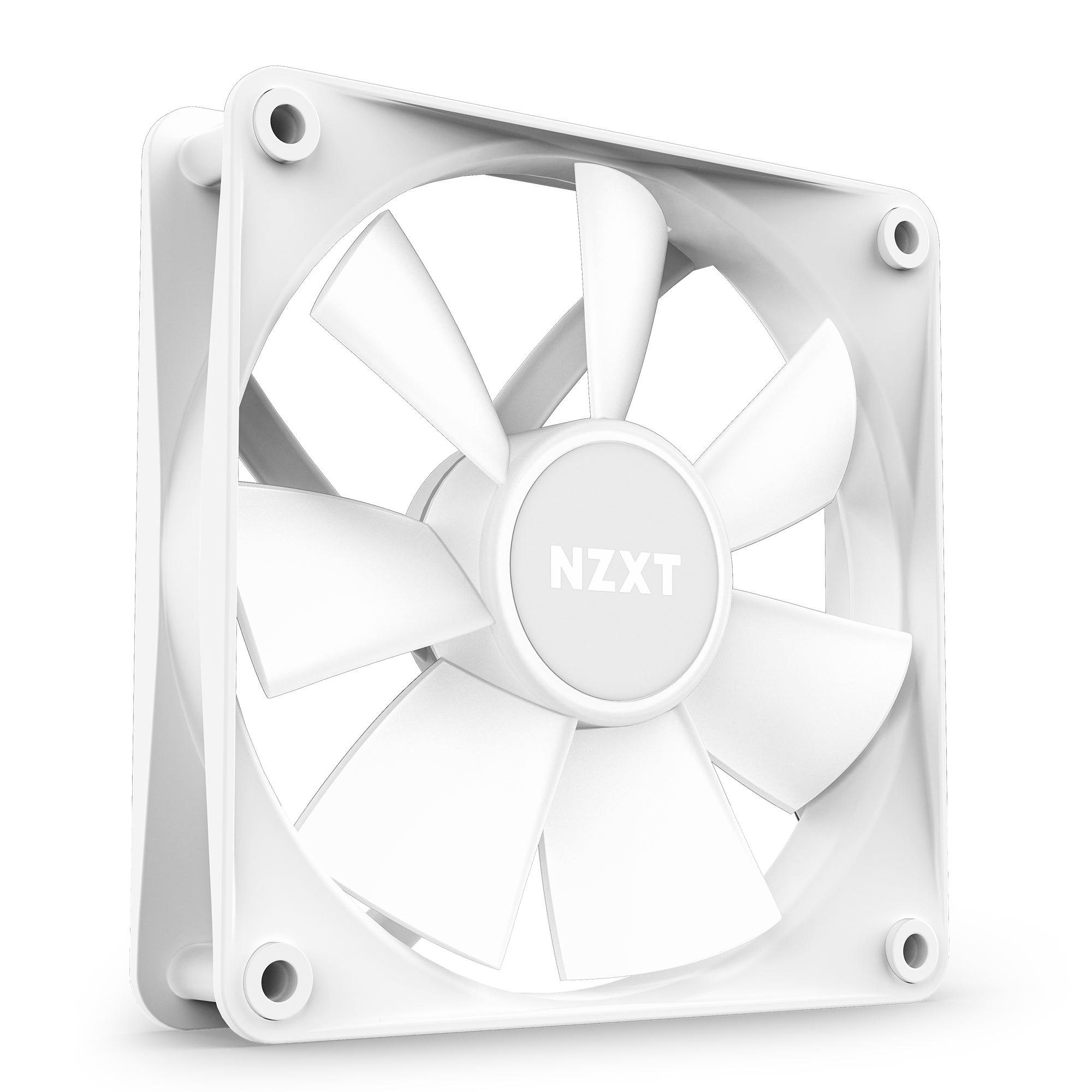 A NZXT F120 RGB Core Triple Pack white computer cooling fan, featuring nine blades for optimized static pressure, is shown at an angle against a black background.