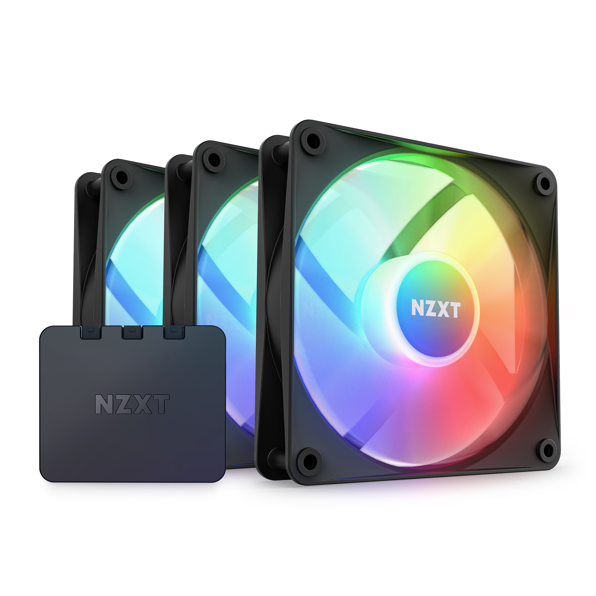 The NZXT F120 RGB Core Triple Pack features three black fans with multi-color LEDs and a compact NZXT controller, designed for optimized static pressure and seamless integration with NZXT CAM software.