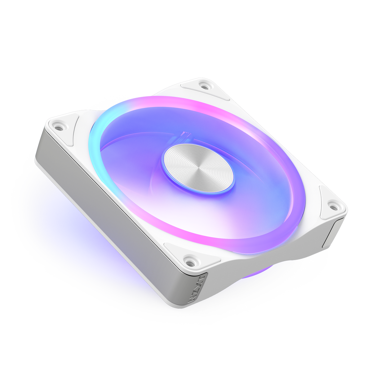 NZXT F120U white, angled view with RGB lighting