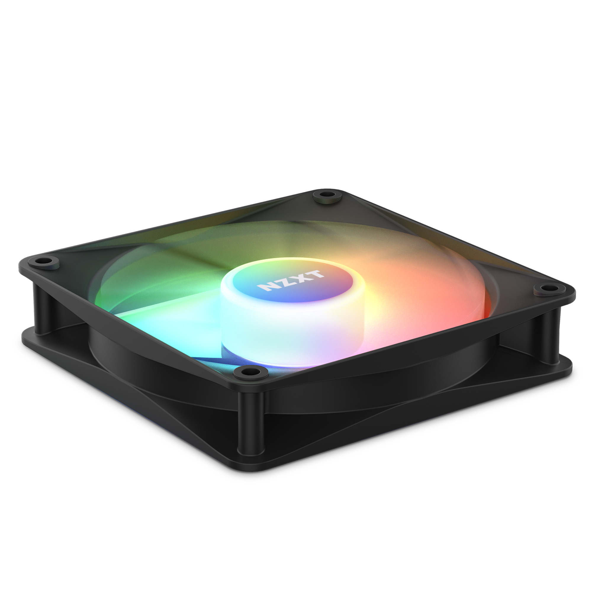 The NZXT F120 RGB Core Triple Pack features black fans with vibrant, multi-color lighting. The center hub displays the NZXT logo, and each fan is designed for high static pressure, showcased at an angle on a plain black background.