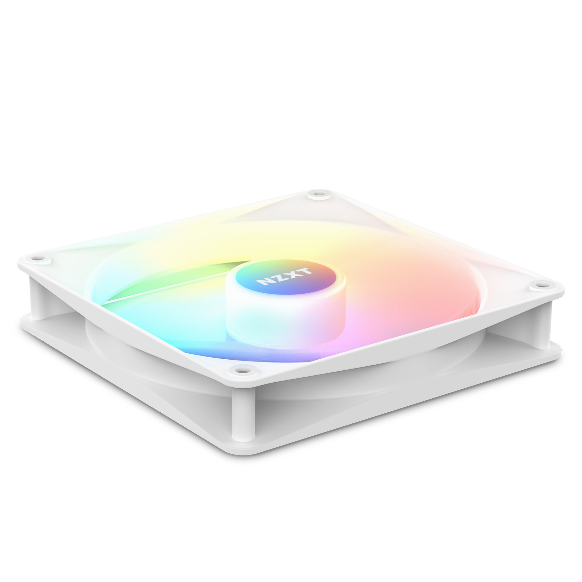 The NZXT F120 RGB Core Triple Pack features white fans with circular centers and vibrant RGB LED gradients of blue, green, yellow, and pink. Designed for high static pressure, these fans are shown isolated on a black background.