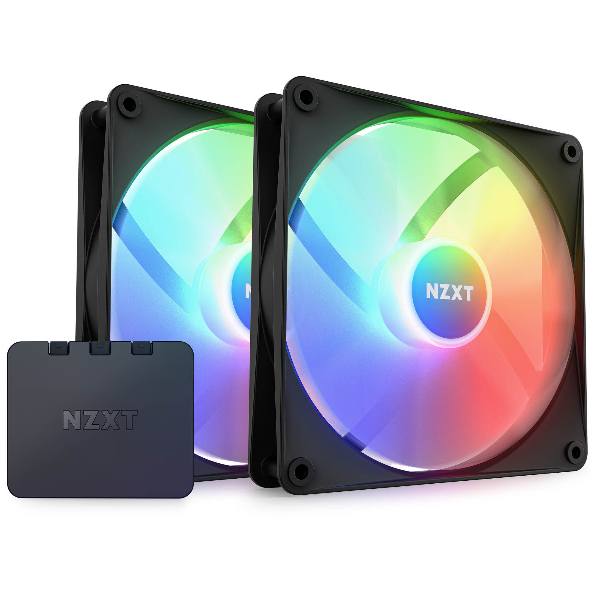 The NZXT F140 RGB Core Twin Pack, featuring two vibrant RGB fans and a black control hub, is displayed on a white background—fully compatible with NZXT CAM software for seamless customization.