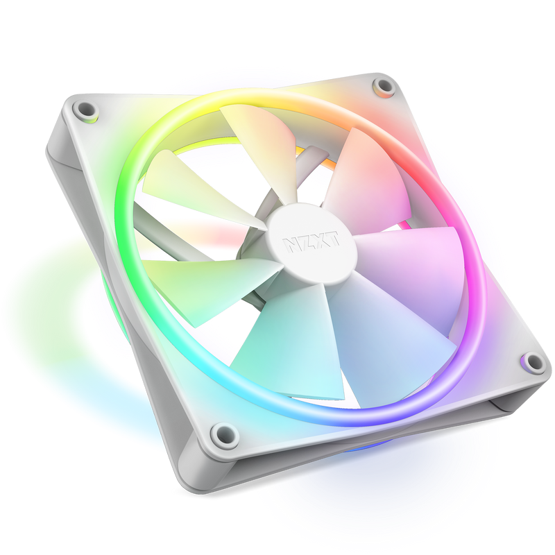The NZXT F140 RGB Duo is a white computer cooling fan with RGB lighting on the frame and blades, creating a vibrant circular glow. It offers high static pressure for efficient cooling and uses Fluid Dynamic Bearing for quiet operation.