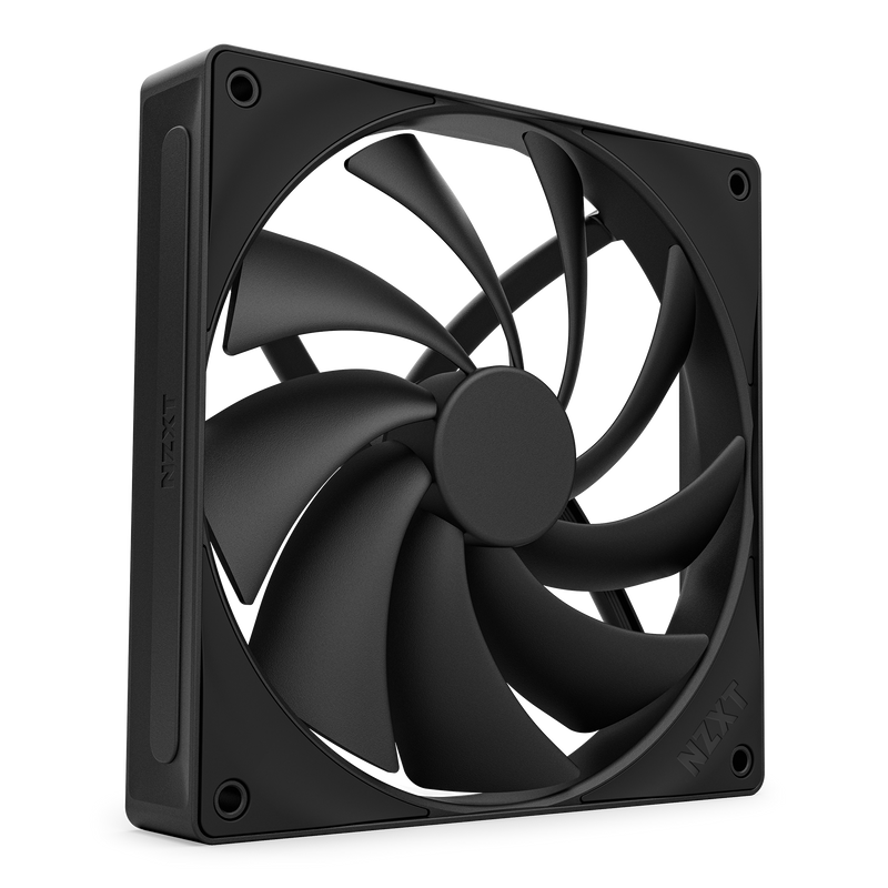 The NZXT F140Q is a black computer cooling fan with curved blades, seen at an angle, featuring the NZXT logo on the frame and fluid dynamic bearings for improved performance.