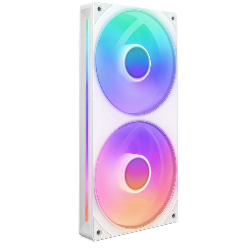 The NZXT F240 RGB Core is a white rectangular case fan with two vertically stacked circular RGB fans and a side vertical RGB light strip, offering advanced cooling and vibrant rainbow lighting for striking aesthetics.