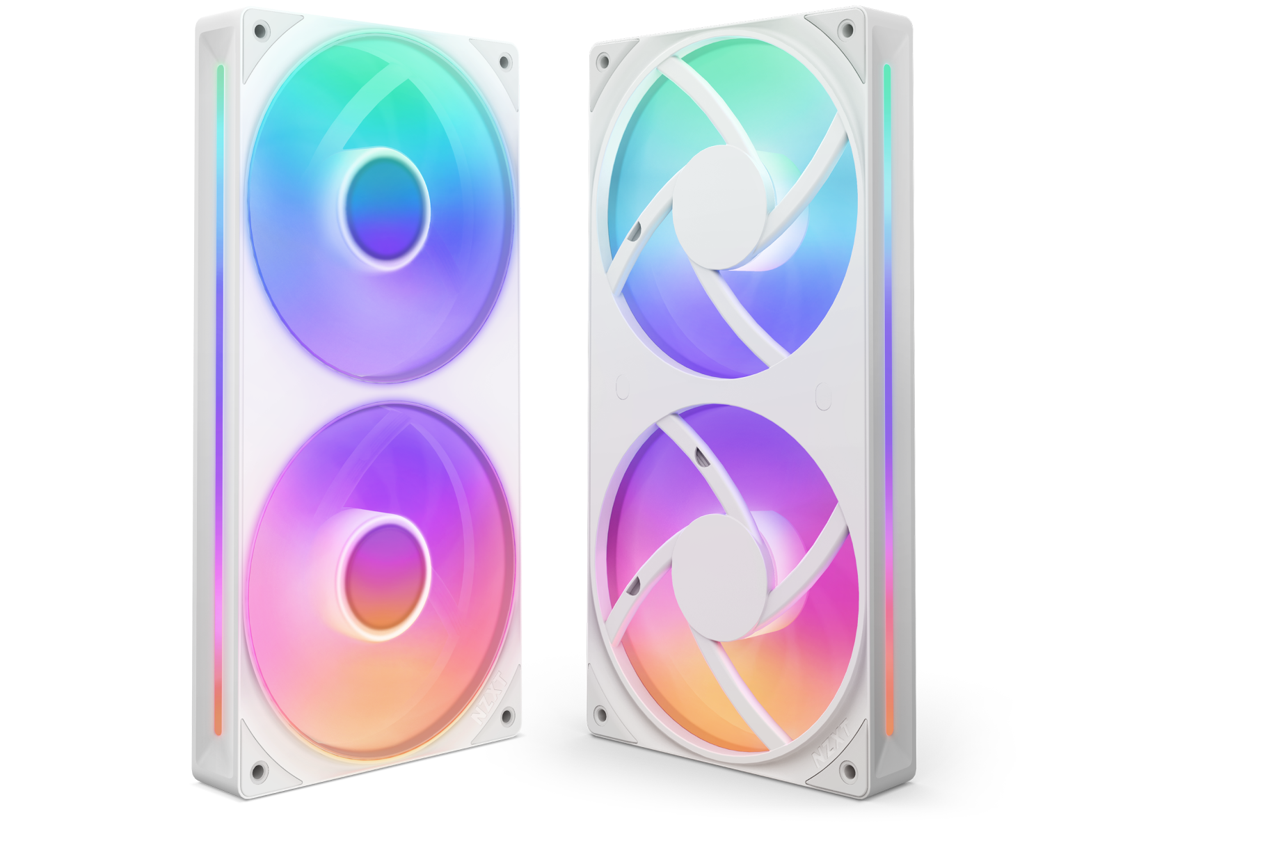 Two white, rectangular PC cooling fans with vibrant RGB lighting are shown. The fans have a colorful gradient glow in shades of blue, pink, purple, and yellow, and are positioned upright, one facing front and one facing side.