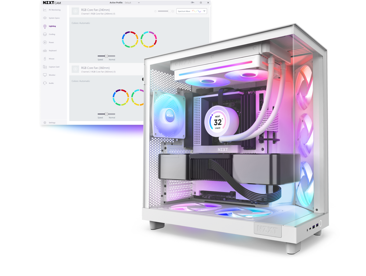 RGB Core 팬 조명 설정을 보여주는 NZXT CAM과 Kraken LCD 쿨러, RGB 팬을 장착한 흰색 NZXT 빌드