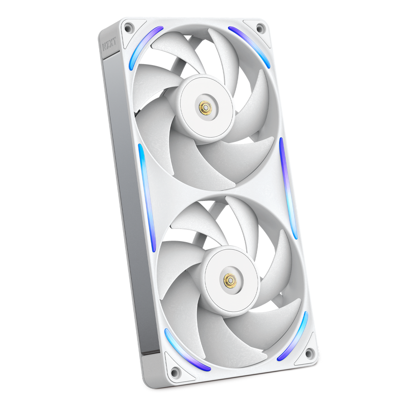NZXT F240X white two-pack, angled view with RGB lighting