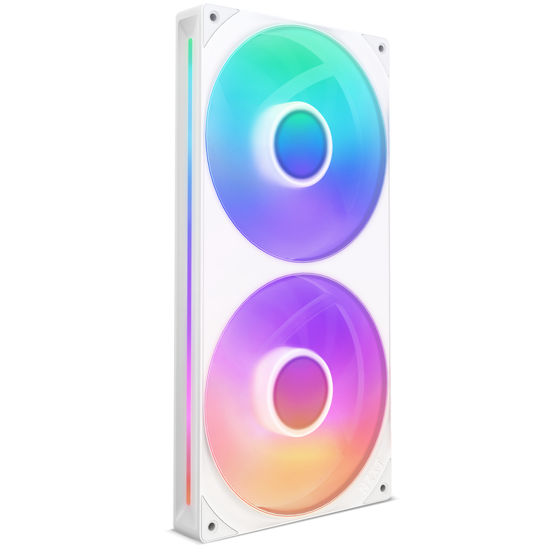 NZXT F280 RGB Core white, hero angle of the dual 140 mm single-frame fan, RGB lighting on