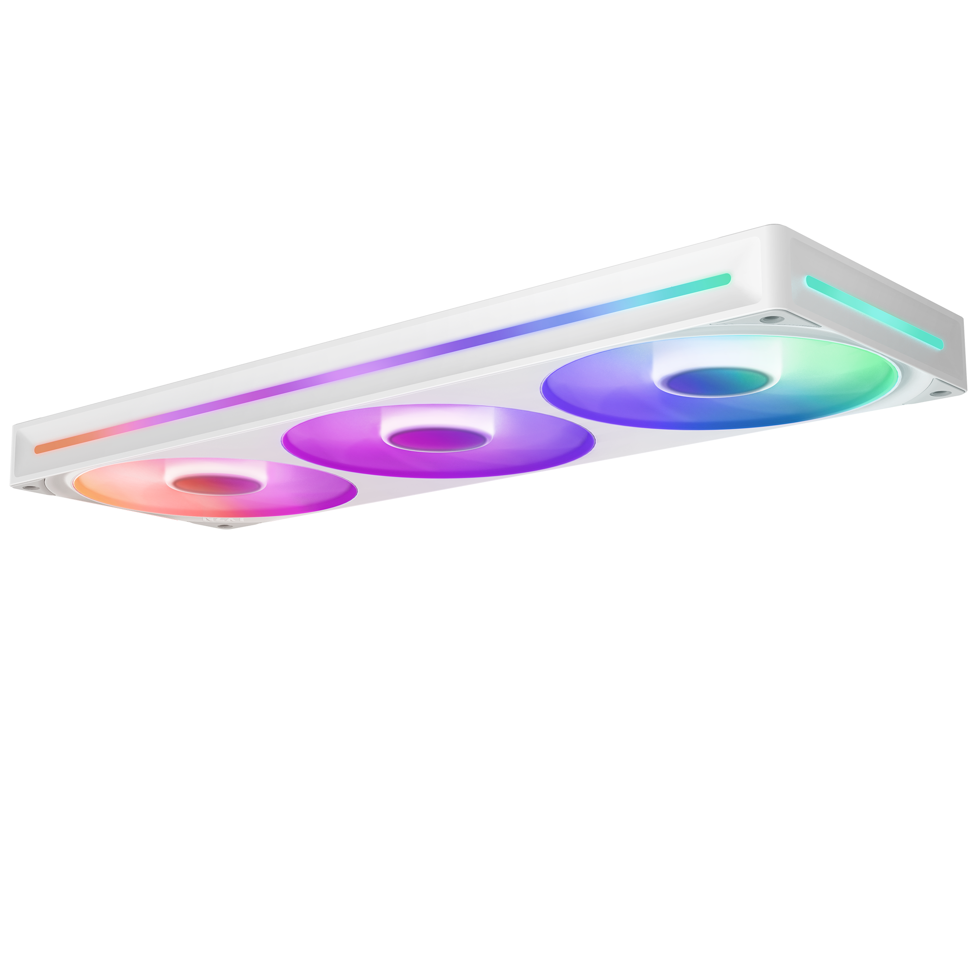 The NZXT F360 RGB Core, a rectangular white device with three circular RGB-lit rings and glowing edges, is shown floating against a black background to highlight its vibrant RGB effects.