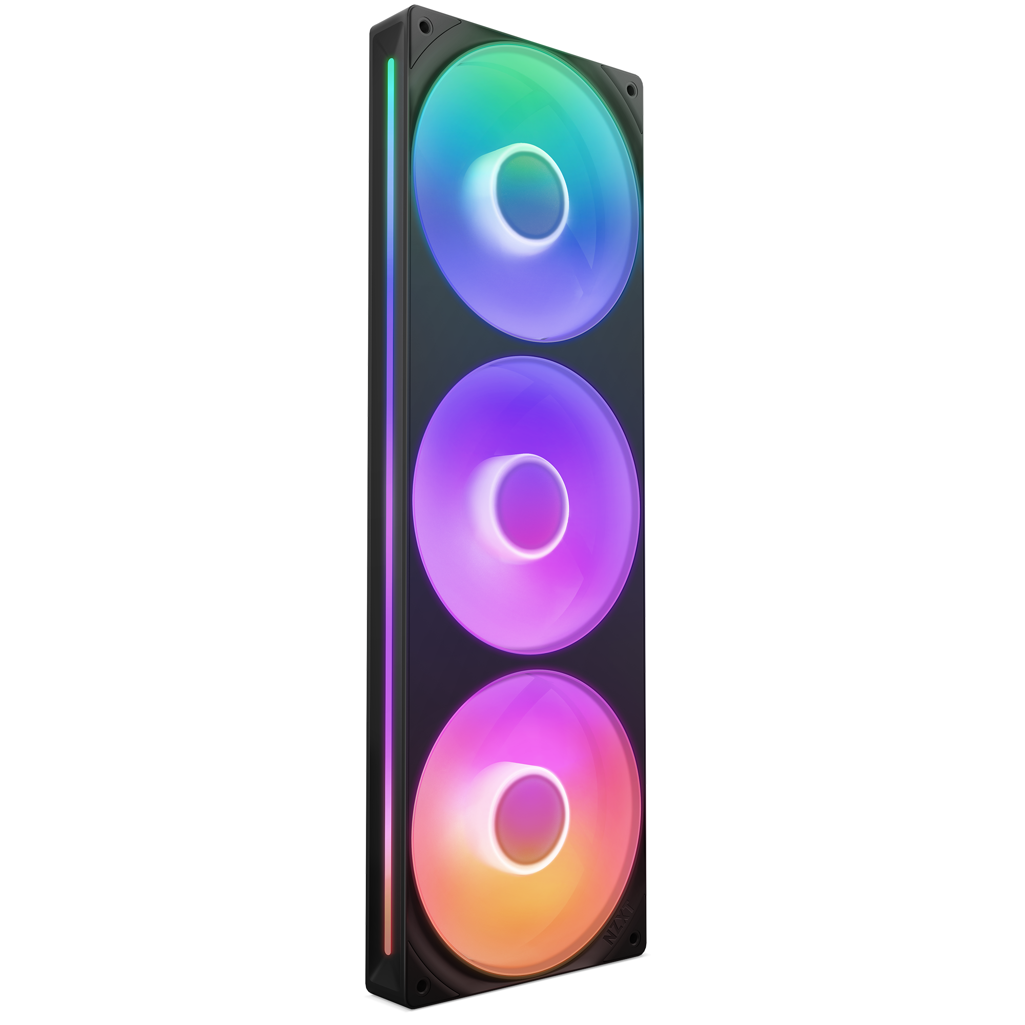 The NZXT F360 RGB Core is a vertical cooling fan unit with three large integrated fans, each glowing in purple, green, blue, and yellow RGB lights, all housed in a black frame with a side LED strip.