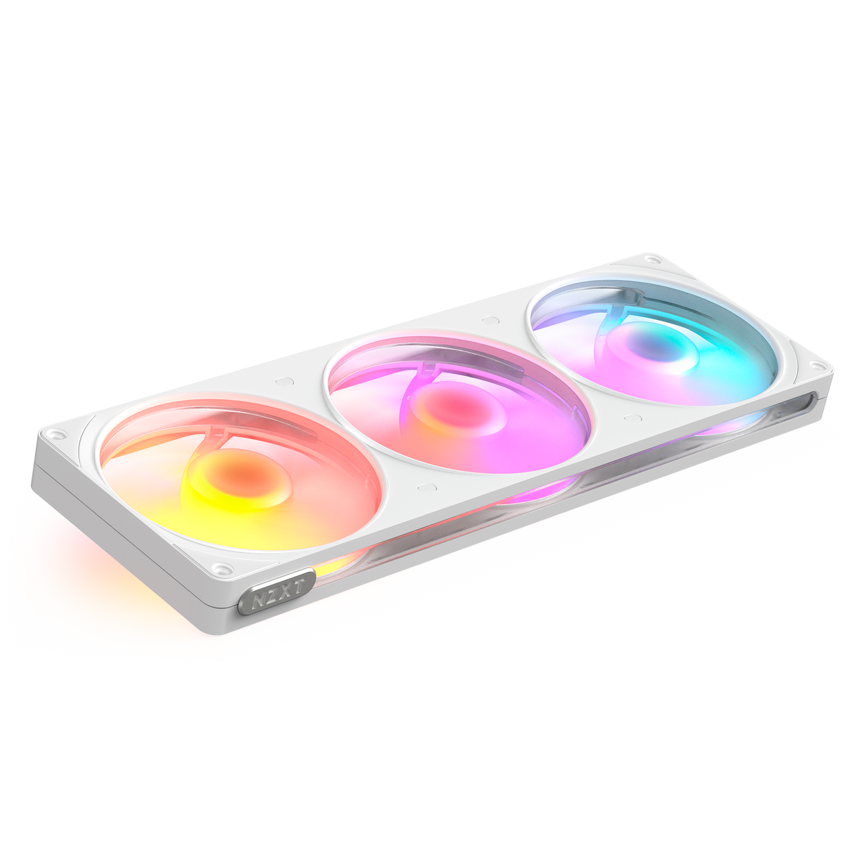 NZXT F360 RGB white three-pack, angled view