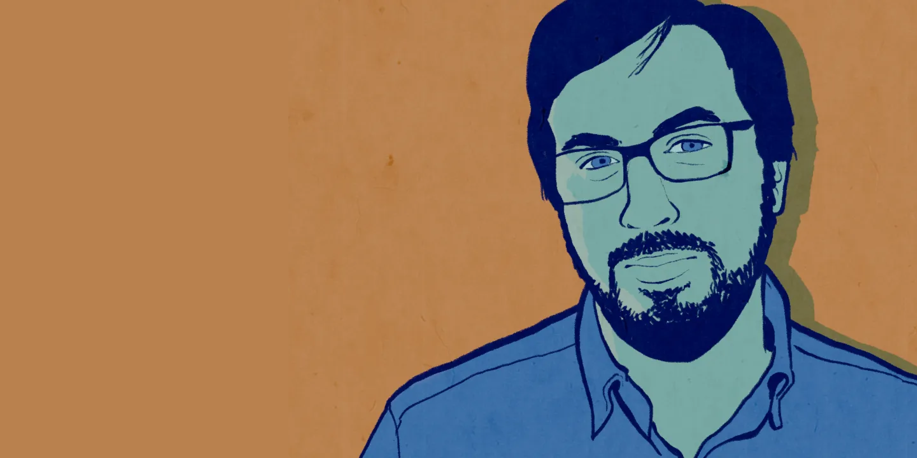 Stylized illustration of a man with glasses, a beard, and short dark hair, wearing a collared shirt, set against an orange background with a large empty space on the left side.