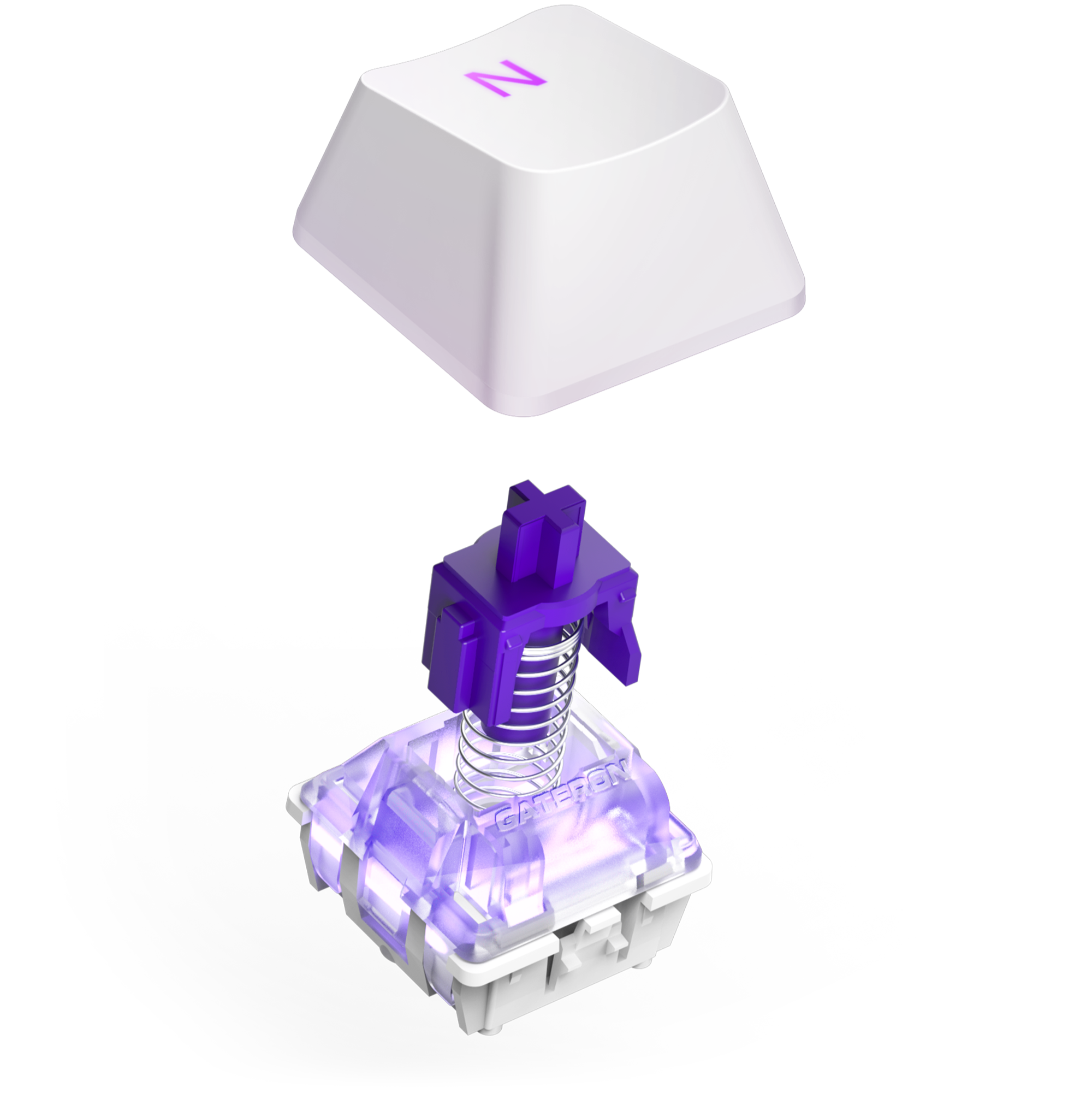 A computer keycap labeled N hovers above a translucent purple NZXT Function 2 switch, showing its inner spring, set against a black background.