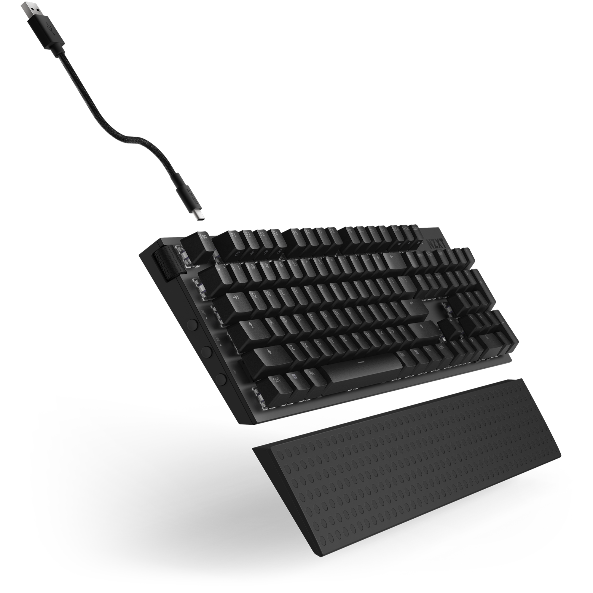 The NZXT Function 2, a black mechanical keyboard with a detachable wrist rest and flexible USB cable, is shown at an angle on a black background, highlighting its keys and features—such as its high 2,000 Hz polling rate.
