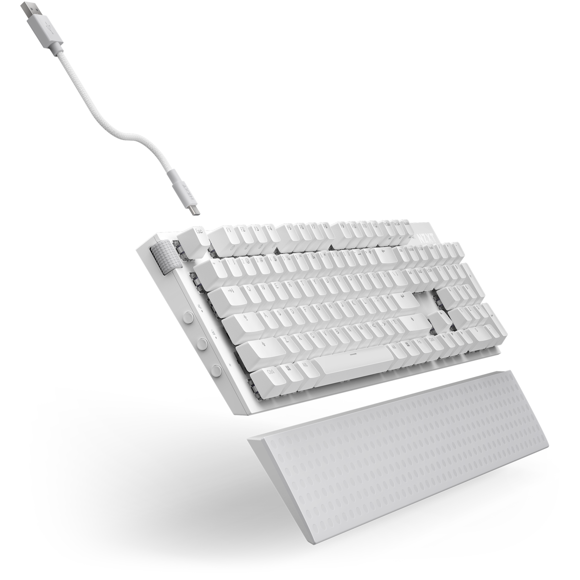 The NZXT Function 2 is a white mechanical keyboard with a detachable wrist rest and braided USB cable, set against a black background, featuring an ultra-fast 8,000 Hz polling rate.