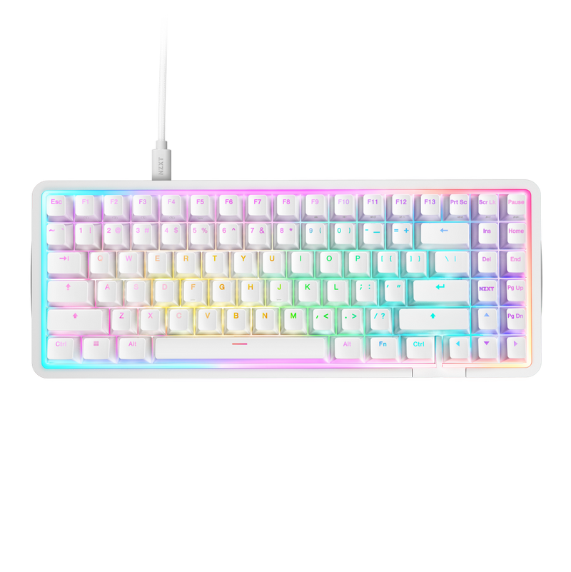 The NZXT Function Elite MiniTKL Keyboard is a white compact mechanical keyboard featuring NZXT Magnetic Switches, vibrant RGB backlighting under the keys and edges, and a matching white cable—perfect for elevated gameplay.