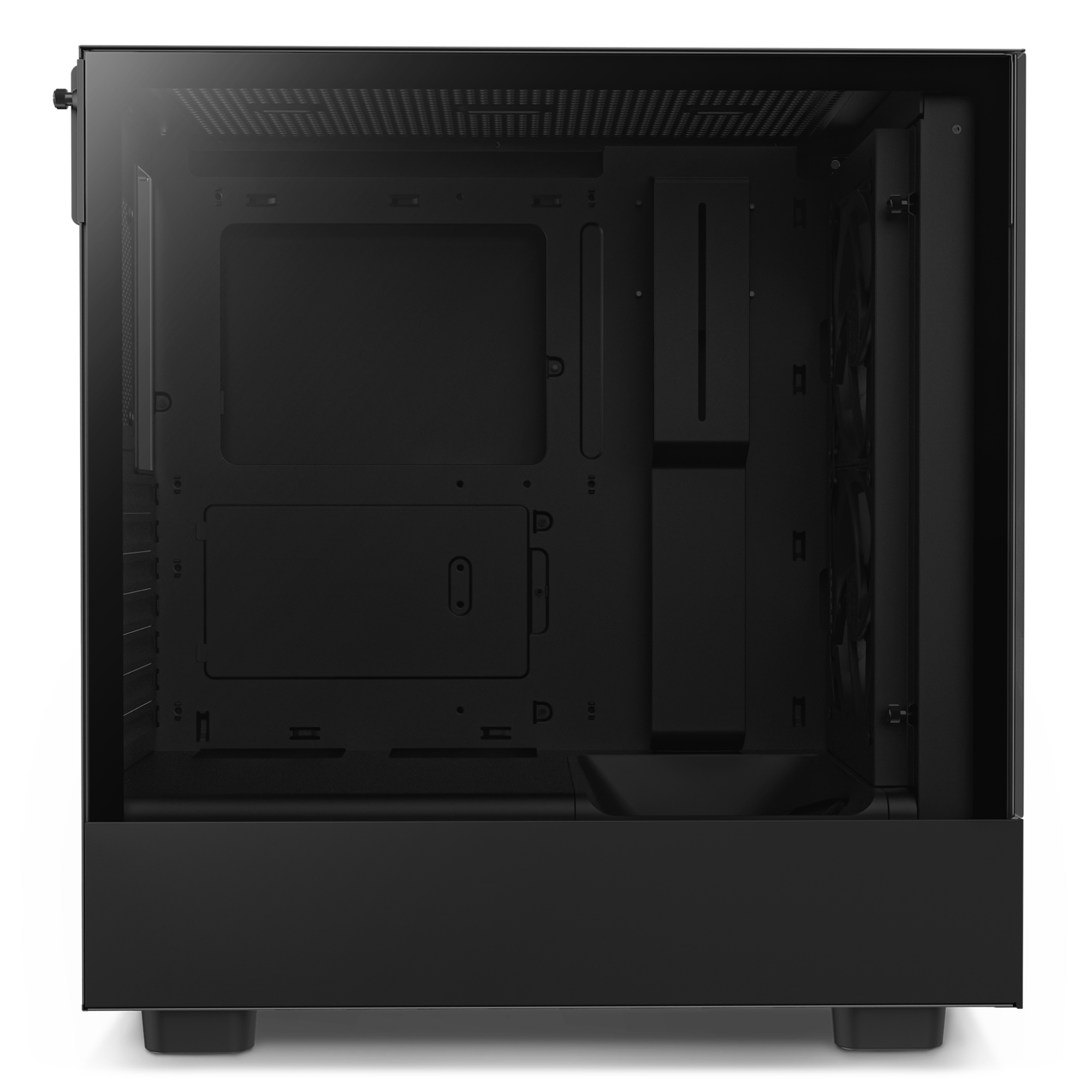 The NZXT Refurbished Custom Build - #8513 is a black PC tower case with a transparent side panel, showcasing internal compartments, mounting points, and cooling fan slots—perfect for Certified Refurbished or Prebuilt PCs.
