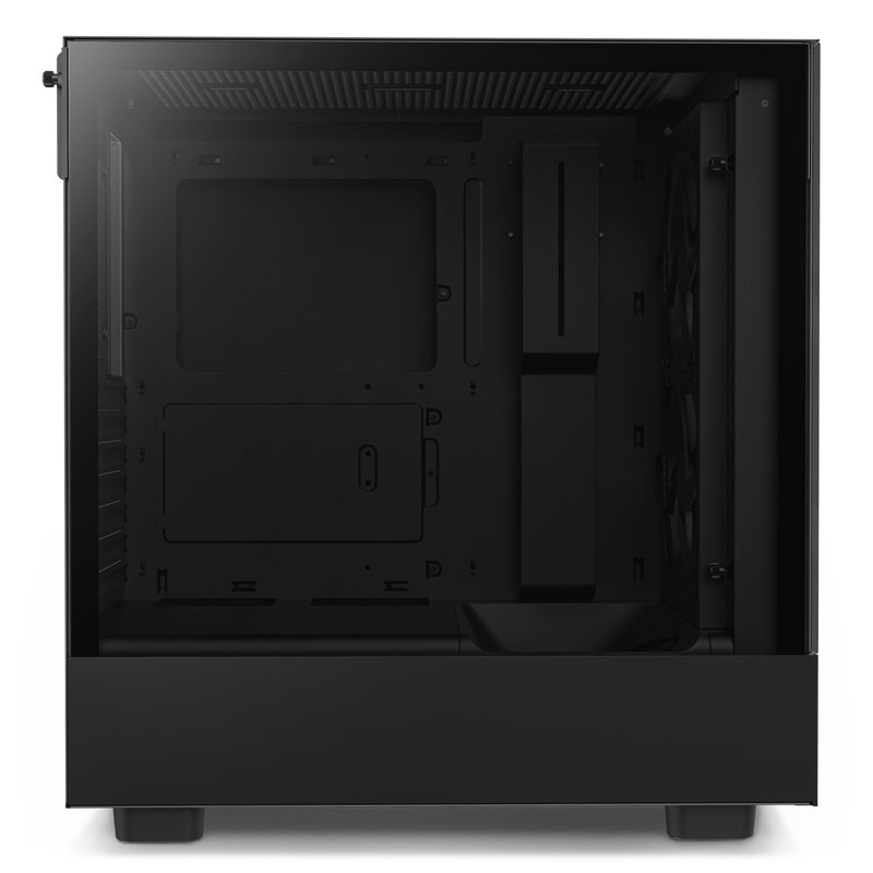 The NZXT Refurbished Custom Build - #8513 is a black PC tower case with a transparent side panel, showcasing internal compartments, mounting points, and cooling fan slots—perfect for Certified Refurbished or Prebuilt PCs.
