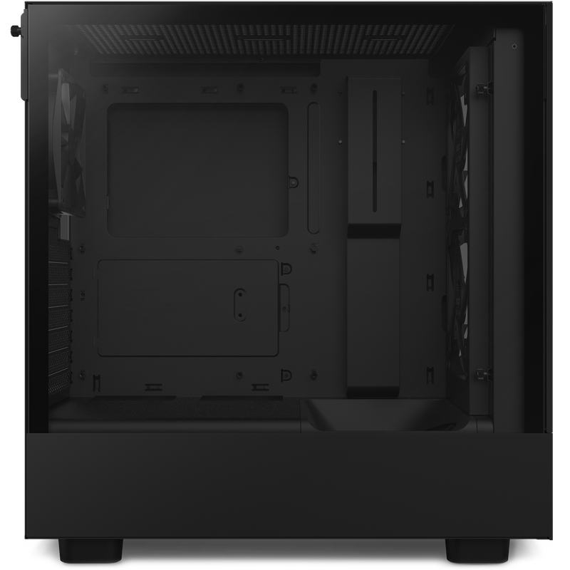 The NZXT Refurbished Player Two Base (#8585) is a black, empty PC case with a transparent side panel, fan mounts, and visible motherboard slots—perfect for building prebuilt or refurbished gaming PCs. Comes with a 2-year warranty.