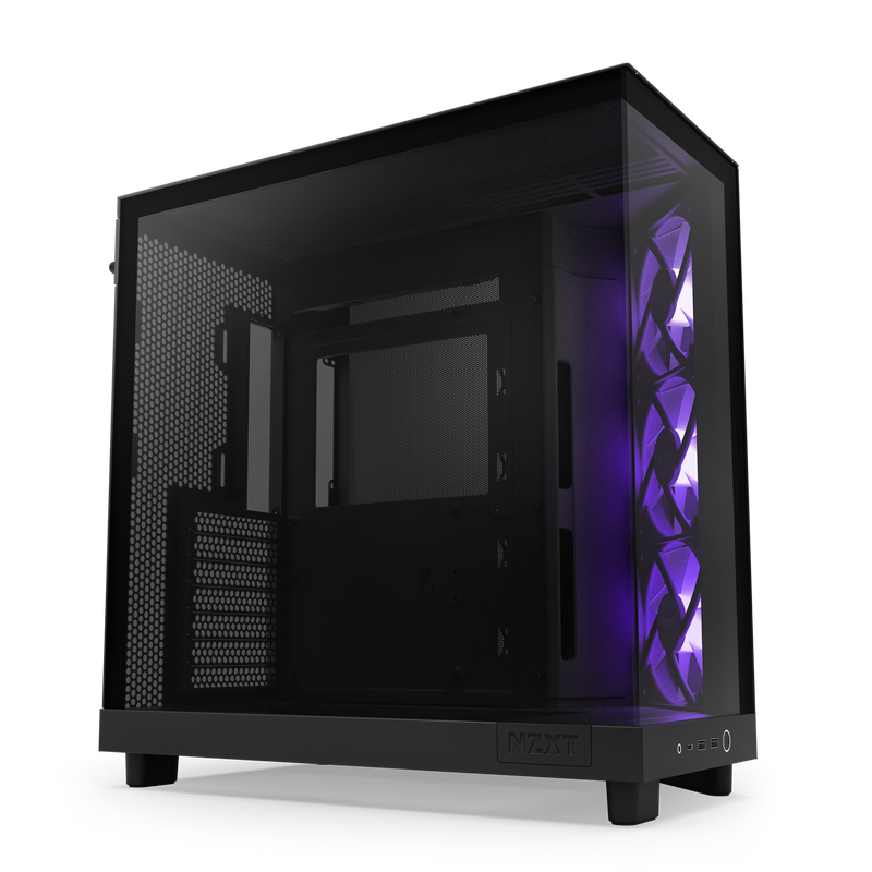 The NZXT H6 Flow RGB computer case features a transparent side panel that reveals three internal cooling fans with purple RGB lighting, offering both enhanced GPU cooling and a stylish showcase for your build.