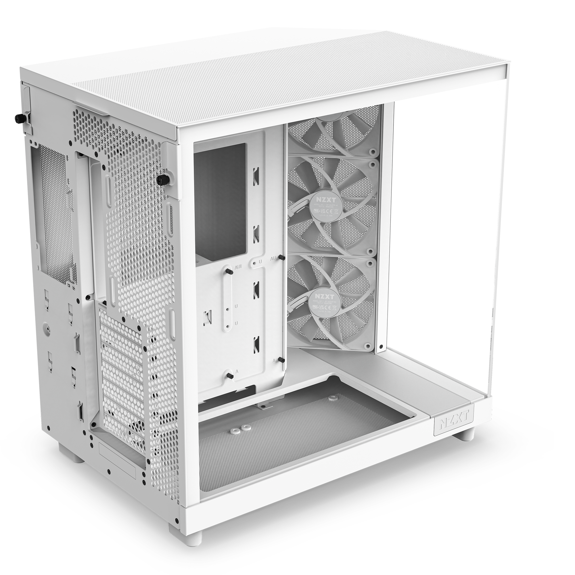 The NZXT H6 Flow is a compact white dual-chamber PC case featuring a mesh top, panoramic glass side panel, two large front fans, and a spacious interior for great cable management and optimal GPU cooling.