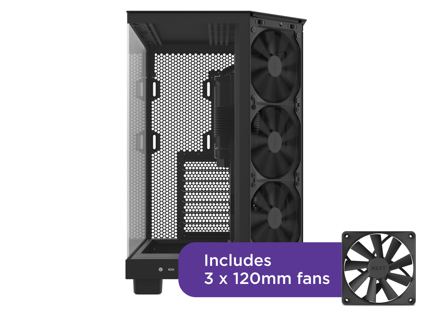 A black computer case with a mesh side panel, showing three installed 120mm fans vertically in the front. An icon highlights that the case includes three 120mm fans.