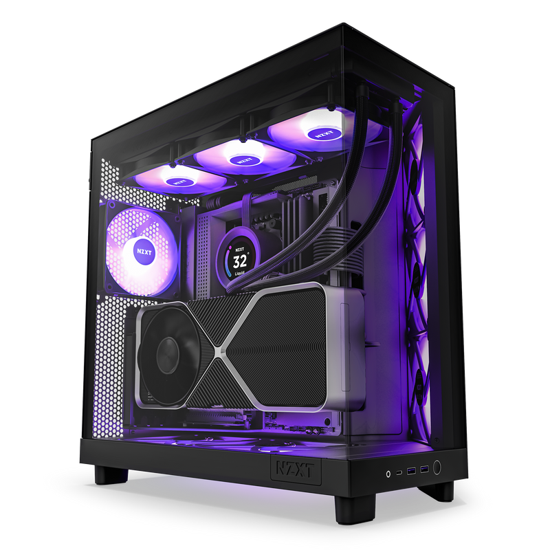 The NZXT H6 Flow RGB is a premium gaming PC case with vibrant RGB lighting, spacious GPU support, efficient cooling, and multiple illuminated fans, all showcased in a sleek black chassis with a transparent side panel.