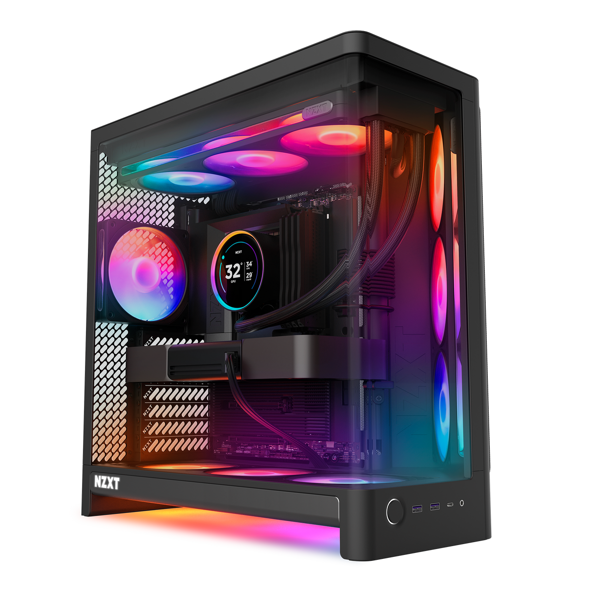 NZXT H6 RGB+ black, hero angle with the pre-installed RGB fans lit behind the wraparound glass