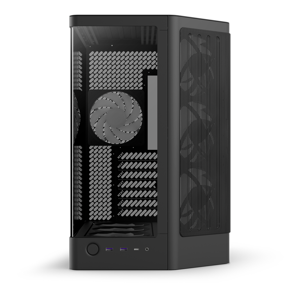 NZXT H6 RGB+ black, front view showing the curved glass corner and front I/O