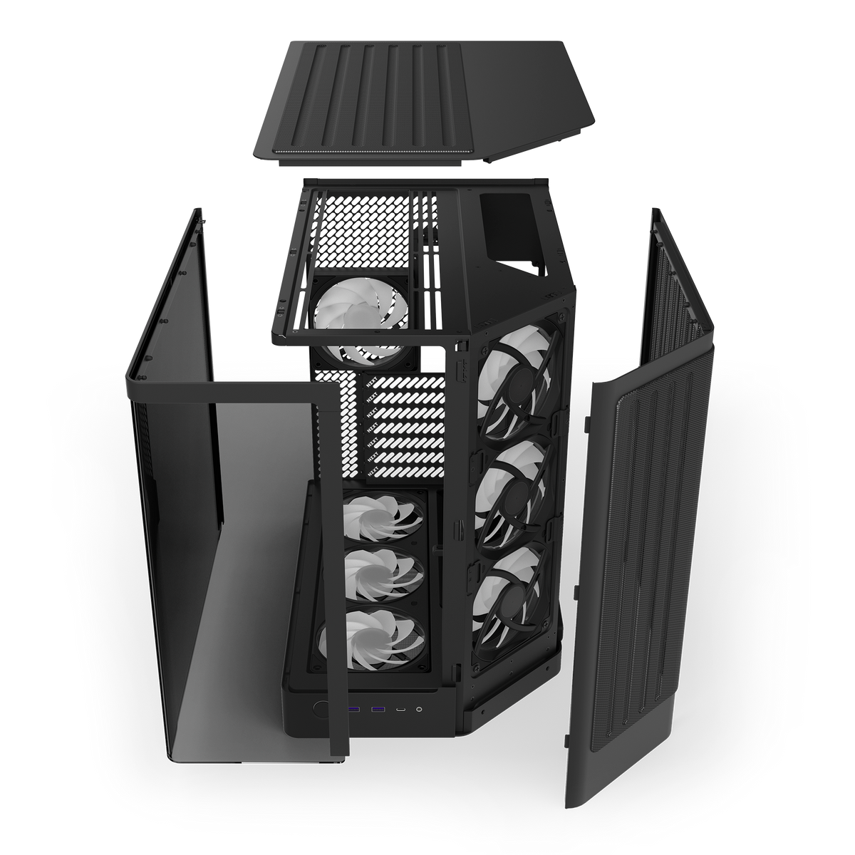 NZXT H6 RGB+ black, exploded view separating the panels from the steel chassis