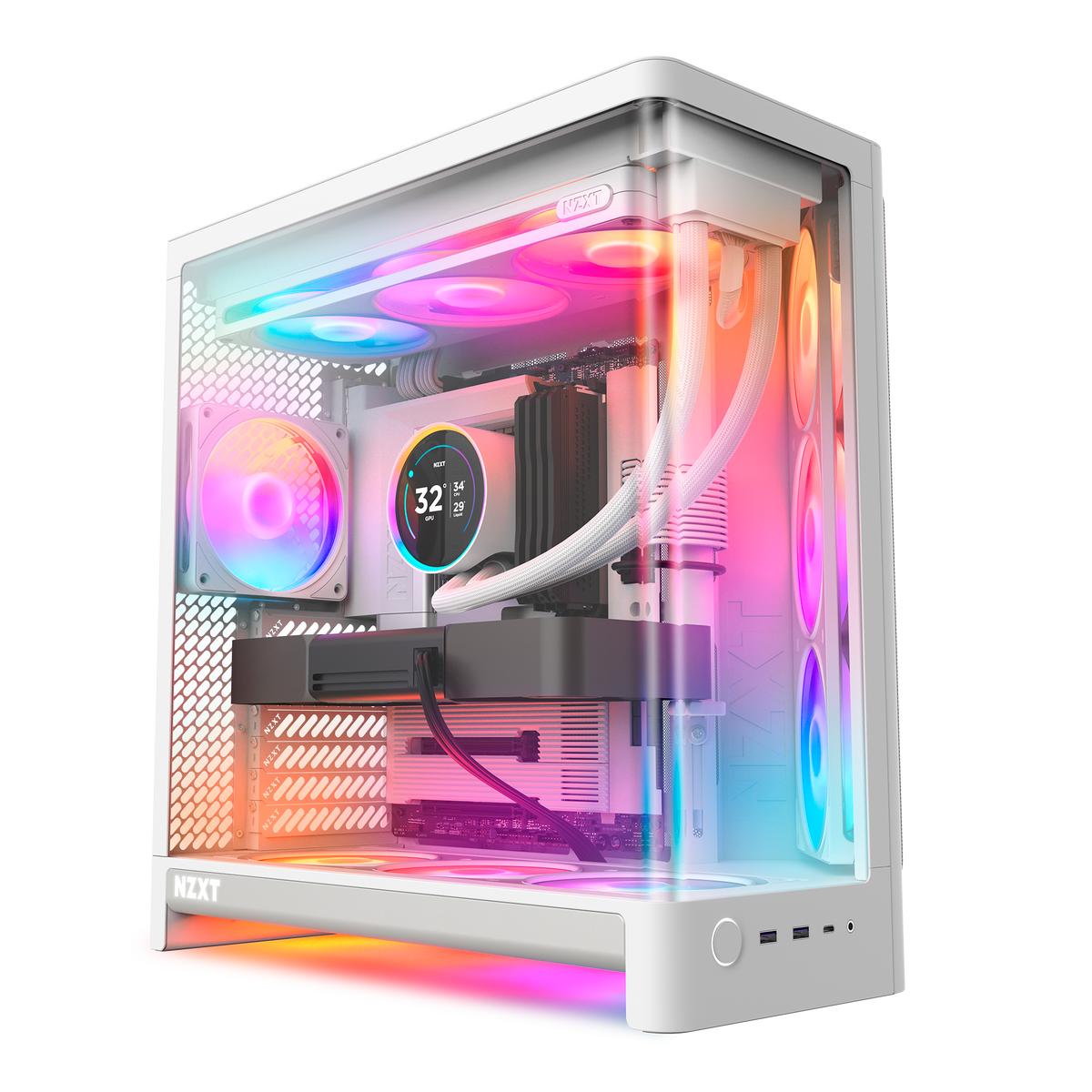 NZXT H6 RGB+ white, hero angle with the pre-installed RGB fans lit behind the wraparound glass