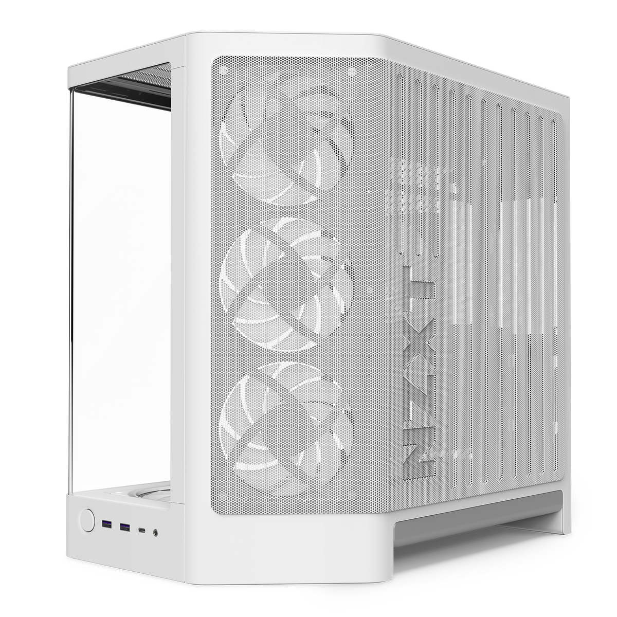 NZXT H6 RGB+ white, three-quarter view of the right side and its mesh panel