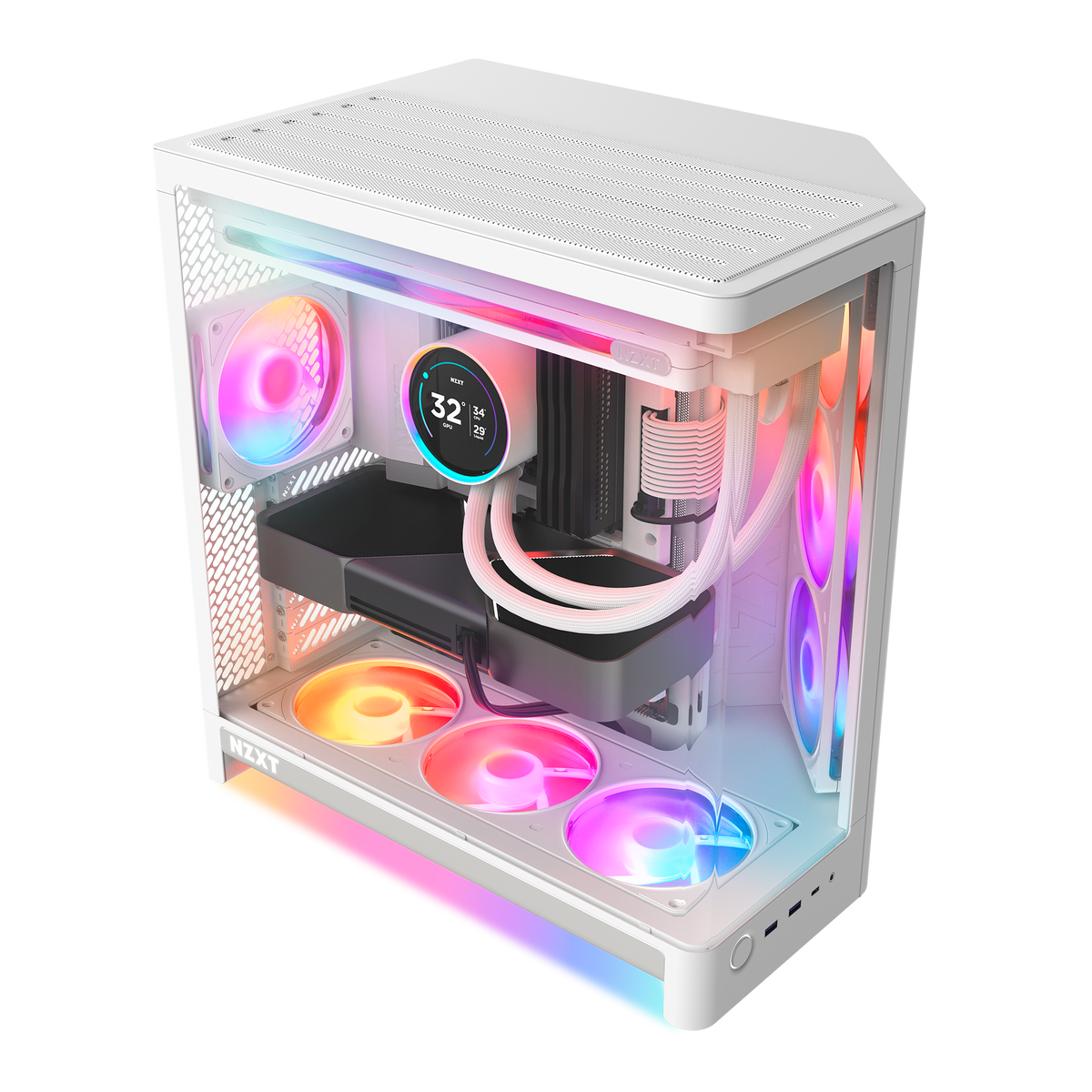 NZXT H6 RGB+ white, overhead view with the RGB fans lit in the side and bottom mounts