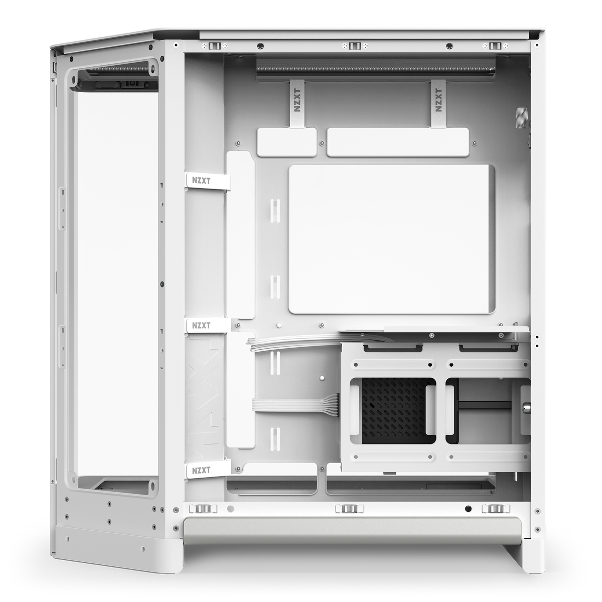NZXT H6 RGB+ white, right side removed, showing the bundled RGB and fan controller