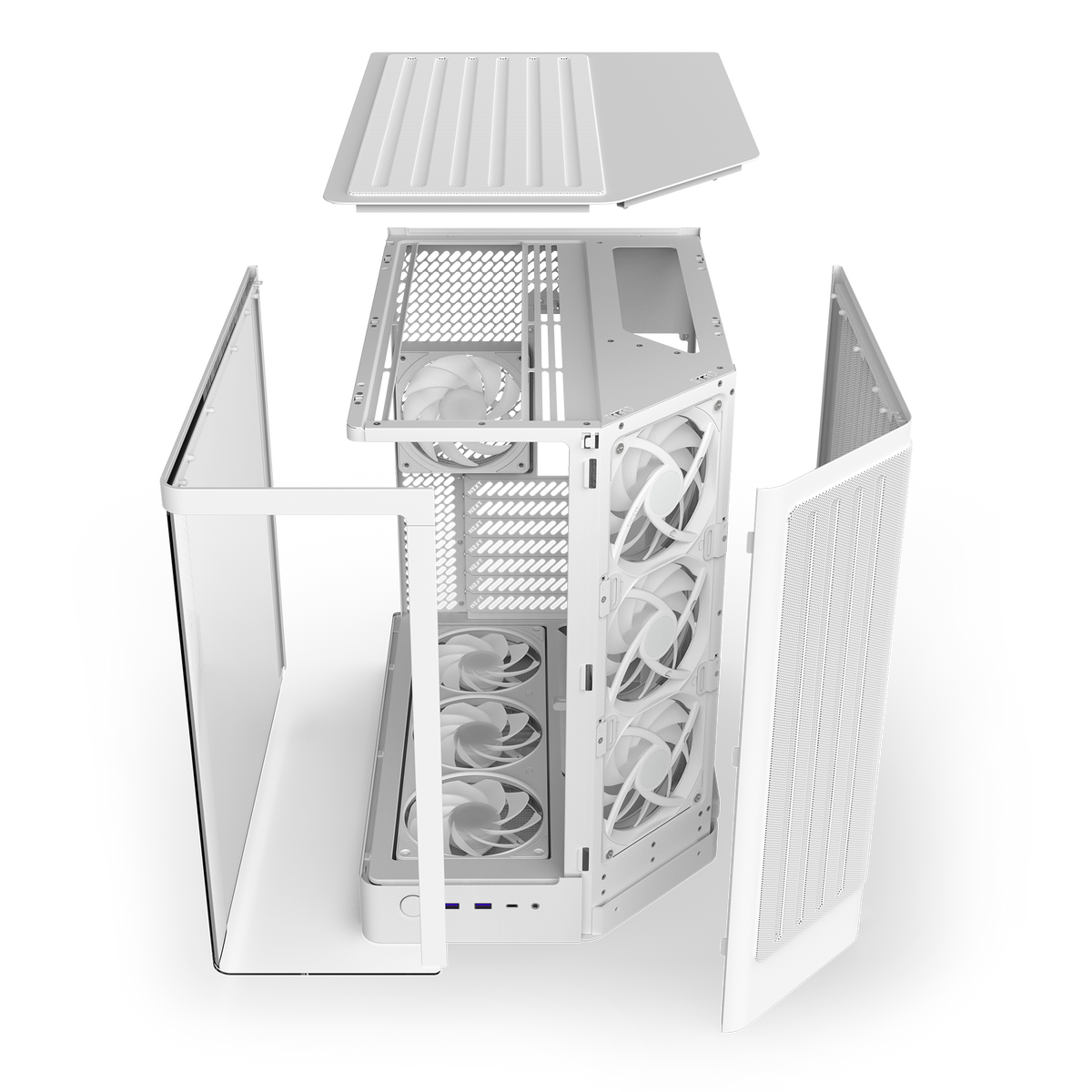 NZXT H6 RGB+ white, exploded view separating the panels from the steel chassis