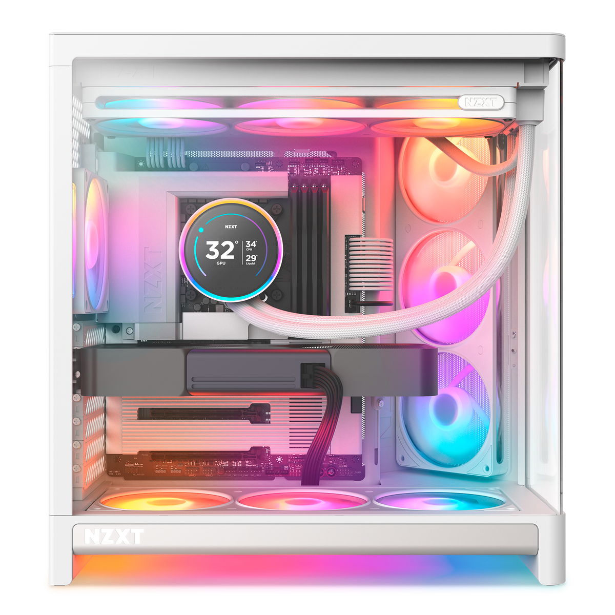NZXT H6 RGB+ white shown in a completed build behind the wraparound glass. Components other than the case and its pre-installed RGB fans are sold separately.
