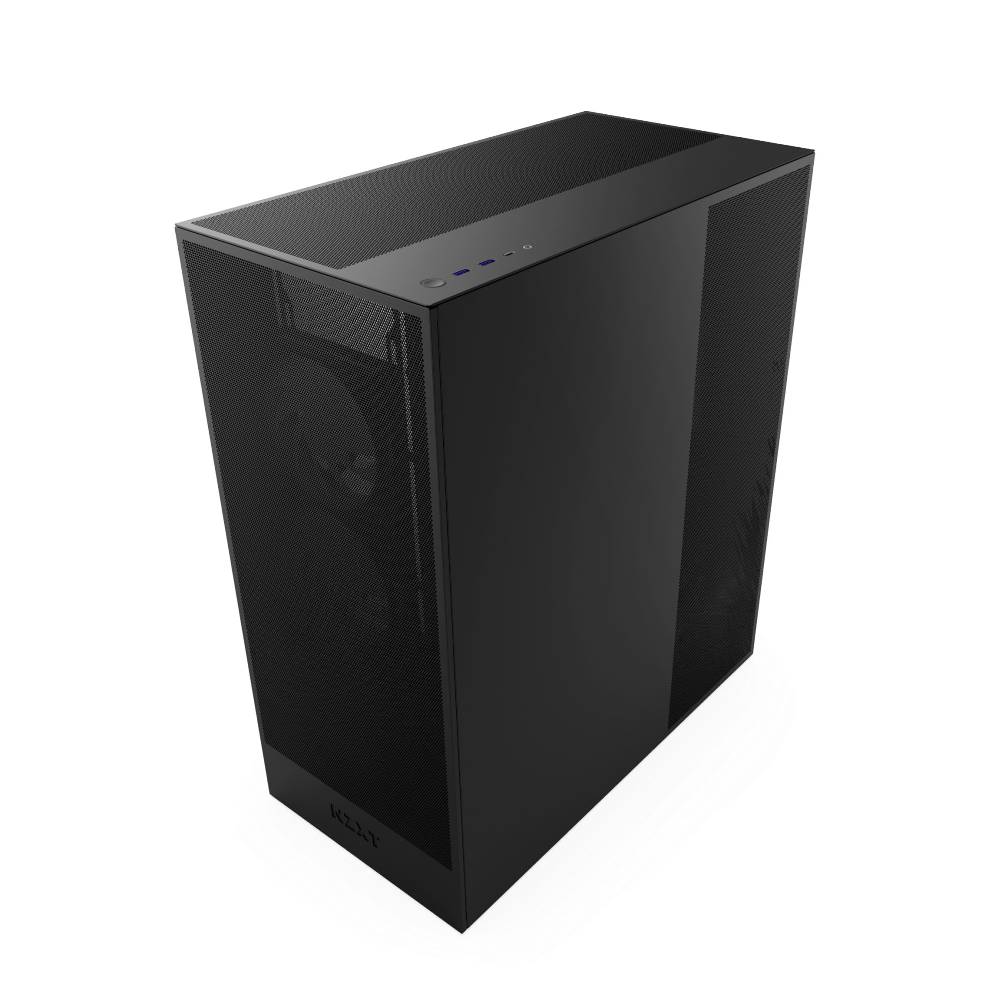 The NZXT H7 Flow is a sleek black mid-tower PC case with high-performance mesh panels, visible fans, and top-edge USB and audio ports. The NZXT logo appears on the lower front; its shown photographed on a white surface.