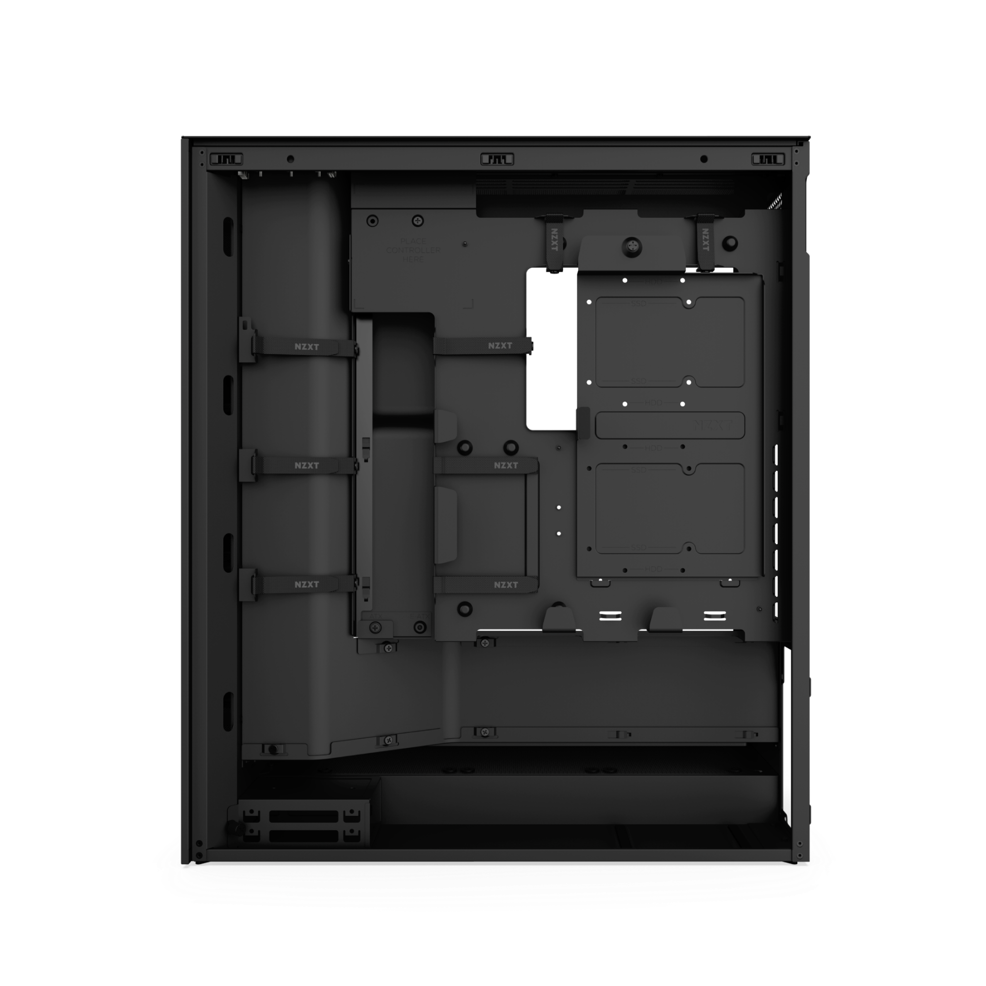 The NZXT H7 Flow is a mid-tower black computer case shown open from the side, featuring internal slots for motherboard, PSU, and drives. High-performance mesh panels boost airflow. The case is displayed on a white surface.