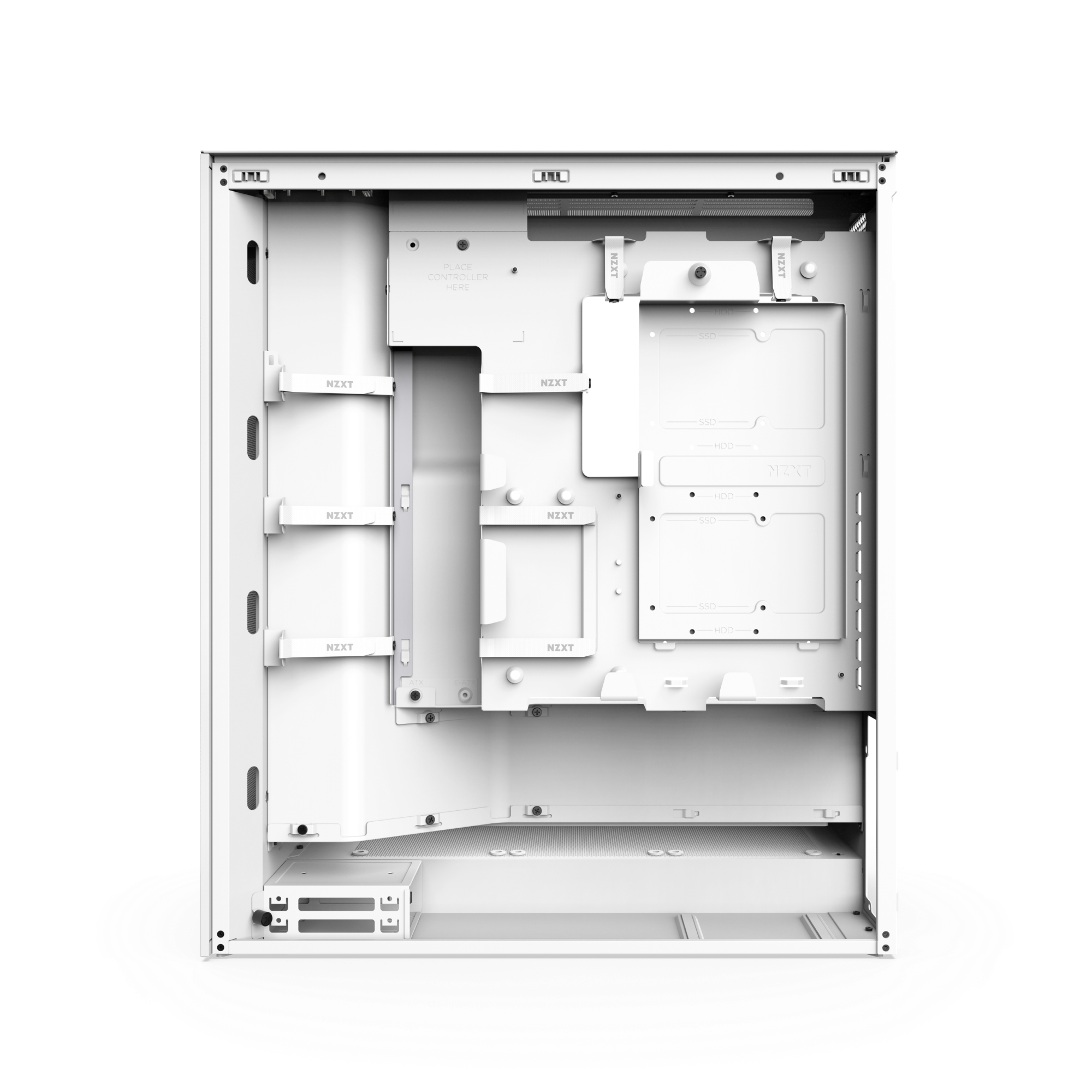 The NZXT H7 Flow is a white mid-tower computer case with an open interior, mesh panels for high airflow, visible mounting points for motherboard and PSU, and built-in cable management. The case stands upright on a white surface.